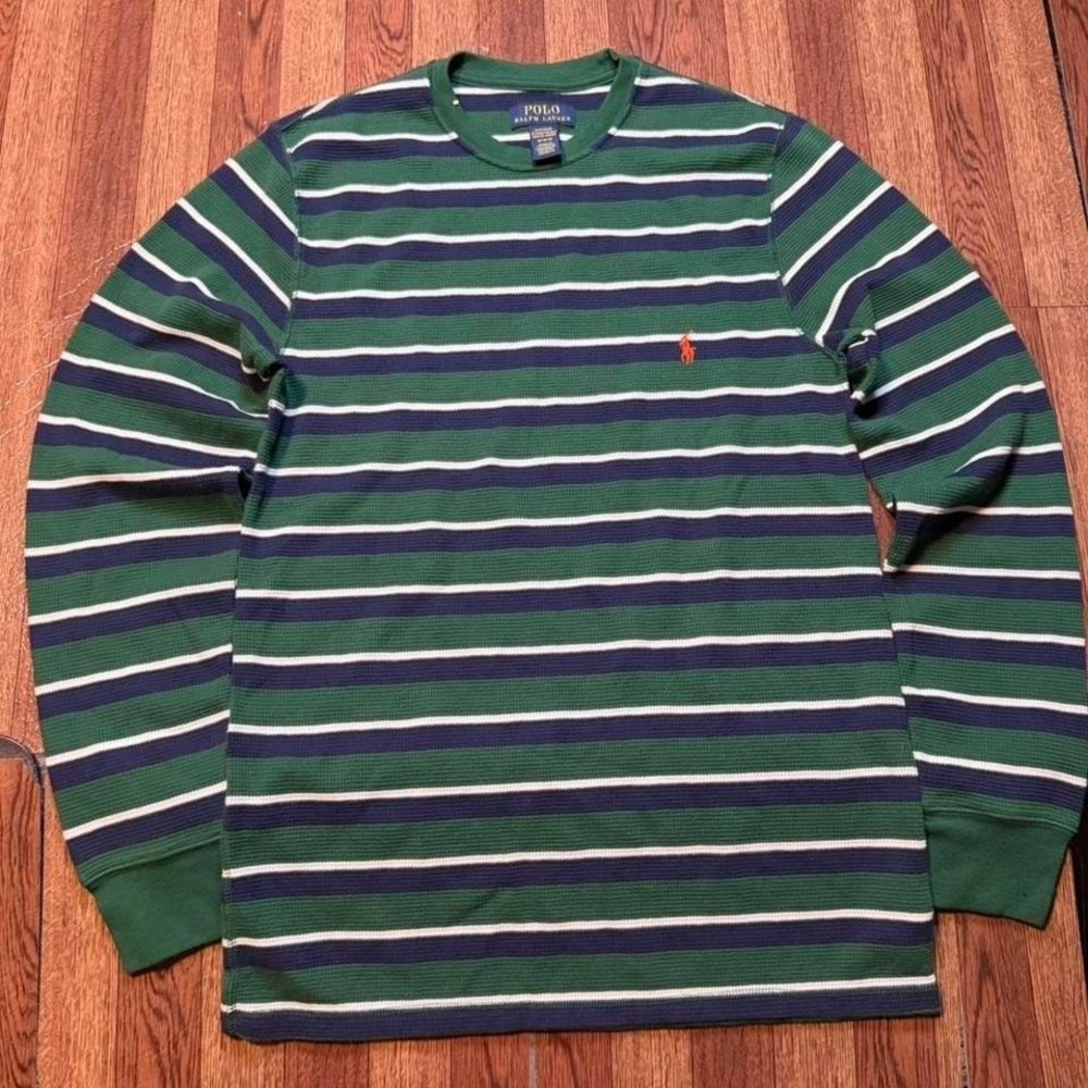 Polo Ralph Lauren Green Striped Thermal Waffle Sleeve Shirt Medium